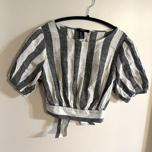 White/Blue Striped Forever 21 Crop Top With Tie-Back